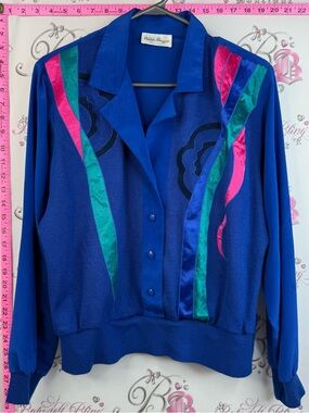Philippe marques cardigan Blue Vintage Button-Up Top with Pink & Teal Accents